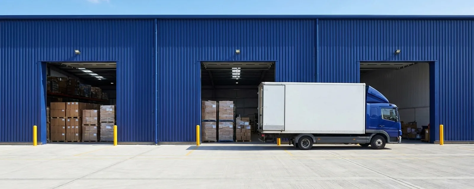 Warehouse loading bays with a truck at the dock
